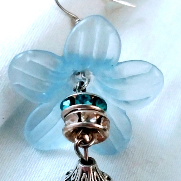 Sterling and Blue Flower Drop Earrings - Picture 3 of 4